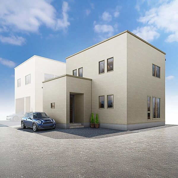 【1号棟外観】シンプルで洗練された四角いフォルムが印象的な外観。無駄を省いたスタイリッシュなデザインで、飽きのこない落ち着いた住まいを演出します。