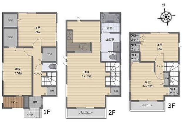 【3LDK+S】道路からのプライバシーを確保しやすい「2階リビング」を採用♪広々17.3帖のLDK!対面キッチンからはLDK全体を見渡せます♪3つのウォークインクローゼットなど充実の収納!お部屋をスッキリとご使用頂けます♪