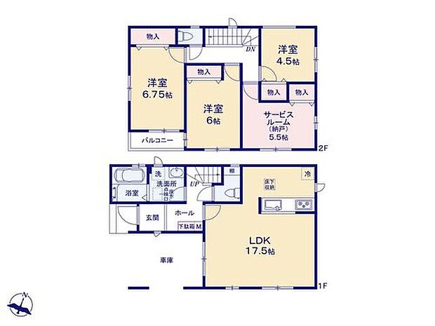 【3LDK+S】【2階建てプラン　長期優良住宅】1階にワンフロアタイプのLDK、2階に3居室と納戸をレイアウト。家族の時間とひとりの空間の両方を大切にできそうです☆（ビルトイン車庫面積9.93m2）