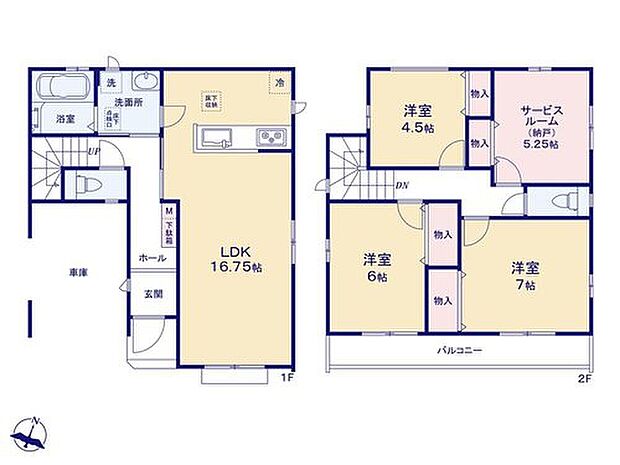 【3LDK+S】【2階建てプラン　長期優良住宅】水廻りがキッチン近くにまとまった機能的なレイアウトで家事動線スムーズ♪洗面室は廊下とリビングから行き来できる2Way動線で使い勝手良好です。（ビルトイン車庫面積12.42m2）