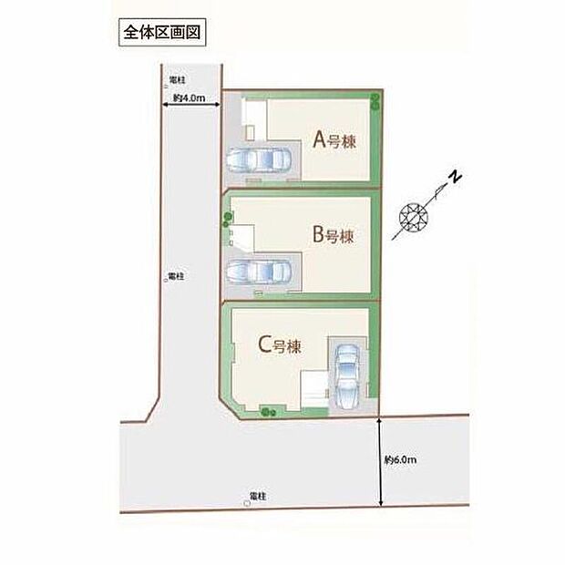 【全体区画図】都営新宿線「瑞江」駅徒歩15分、自転車5分♪開放感のある南西角地の全3棟です◎