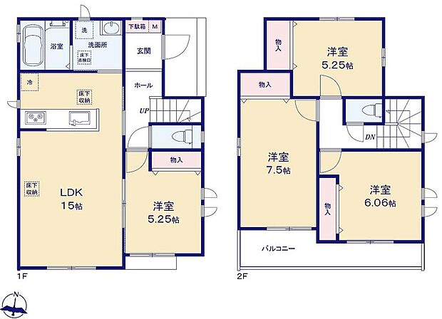 【4LDK】広々15帖のLDK！対面キッチンからはLDK全体を見渡せます♪リビングに続き間の5.25帖の洋室があります！来客時にも小さなお子様をお持ちの方にも便利♪各居室に収納を完備！お部屋をスッキリとご使用頂けます♪