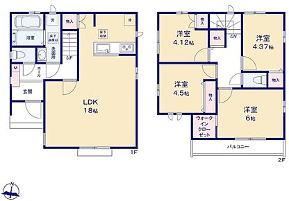 広々18帖のLDK！対面キッチンからはLDK全体を見渡せます♪ご家族が集う空間と、個の時間を大切にする居室をしっかり分け合える2階4居室プラン♪主寝室のウォークインクローゼットをはじめ、各居室に収納を完備♪ 