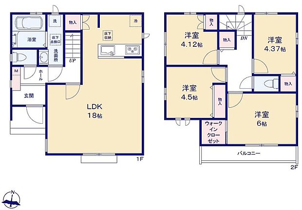 【4LDK】広々18帖のLDK!対面キッチンからはLDK全体を見渡せます♪ご家族が集う空間と、個の時間を大切にする居室をしっかり分け合える2階4居室プラン♪主寝室のウォークインクローゼットをはじめ、各居室に収納を完備♪