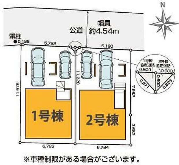 【全体区画図】ビルトインガレージ付きで雨風や紫外線から愛車を守ります!2台駐車できるゆとりの敷地♪