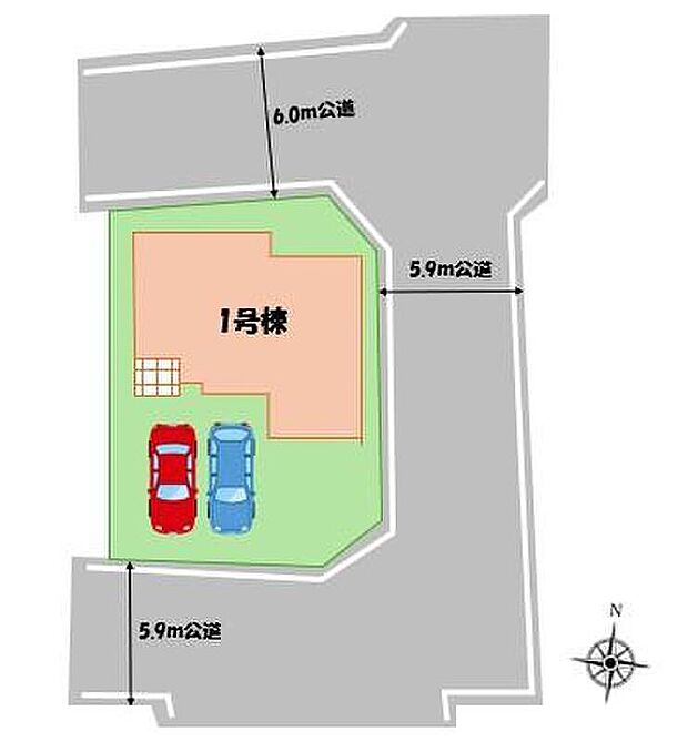≪全体区画図≫
3方向道路に面した開放感のある、広々48坪超の敷地☆前面に建物がないので陽当たり良好です♪カースペースは車種により2台分完備！