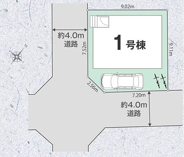 ≪区画図≫
南西角地♪前面道路交通量少なめ◎
カースペース1台駐車可能です。ご家族の自転車やバイクなどの駐輪スペースとしてもお使いいただけます！