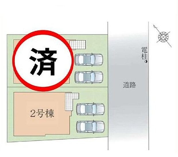≪全体区画図≫
南東側約6.0ｍ公道に接道
◎カースペース2台分。自転車や来客用の駐車スペースとしてもお使いいただけます。