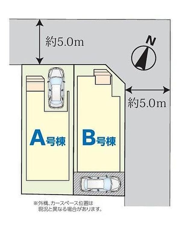 【全体区画図】
カースペース1台分。前面道路交通量少な目◎
A号棟:ビルトイン車庫6.21m2(1.87坪)含む
B号棟:開放感のある北東角地♪