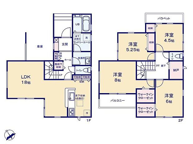 【4LDK+S】18帖の広々LDK!キッチン横には食品を見渡しやすいワイドなパントリー♪
洗面室と脱衣室が分かれているプライバシーが守られやすい設計♪
2箇所のWICや納戸付きでたっぷり収納!お部屋を広くお使いいただけます♪