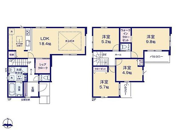 【4LDK】2階に居室をまとめてプライベートの時間も充実♪
玄関にはシェクロークを備え、お出かけに必要な
物を収納すれば準備もスムーズ◎リビングも
散らかりません。