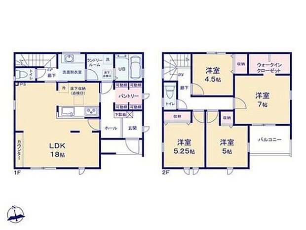 【4LDK】洗面室、キッチン、パントリーが集約しており
買物して帰宅後の動線がスムーズな間取り♪
陽当たり良好のLDKは広々18帖！家具レイアウトの
幅も広がります◎うれしいWIC付き☆