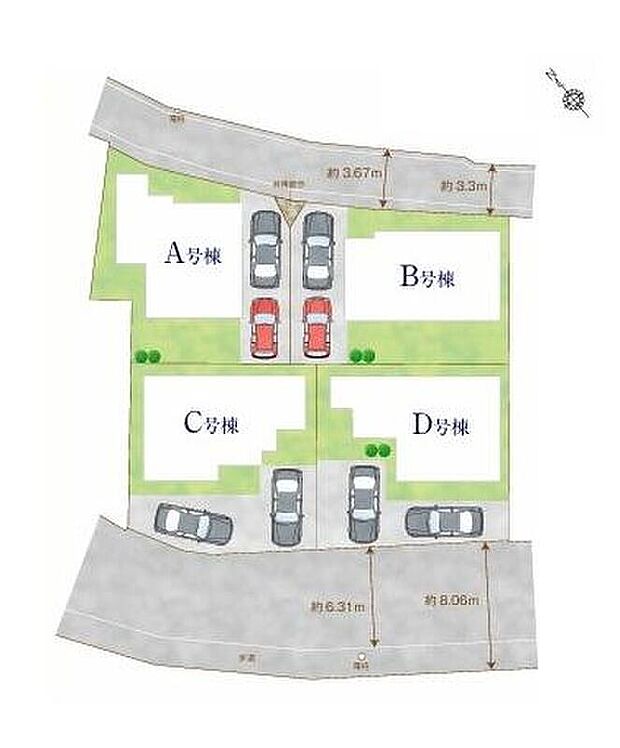 【全体区画図】車種によりカースペース２台分ございますので、家族分の自転車を駐輪したり、来客用の駐車スペースとしてもお使いいただけます♪
※A、B号棟間に共用部分あり