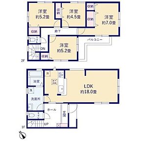 ４LDKの間取り♪
洗面所、浴室、キッチンが集約しており
家事動線がスムーズな間取り♪
陽当たり良好なLDKは広々18帖！
家具レイアウトの幅も広がります◎ 