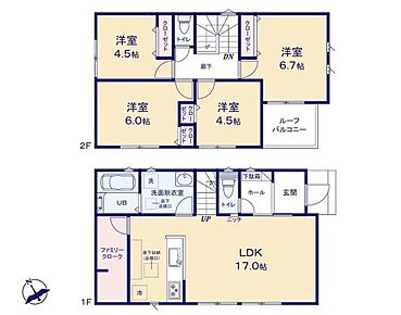 ◇全居室フローリング＆収納完備で快適な住まい♪◇ファミリークロークを備えた収納豊富な間取り♪◇リビングの様子も分かりやすい対面式キッチン♪◇日当たり良好なルーフバルコニー♪ 