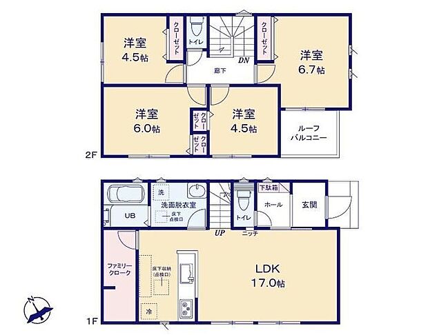 【4LDK】◇全居室フローリング＆収納完備で快適な住まい♪◇ファミリークロークを備えた収納豊富な間取り♪◇リビングの様子も分かりやすい対面式キッチン♪◇日当たり良好なルーフバルコニー♪