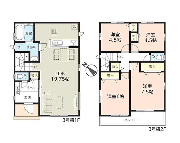 【4LDK】◇広々19.75帖のLDK!ご家族がゆったりくつろげる憩いの空間♪◇リビング階段採用♪ご家族との会話が自然と広がる間取りです♪◇対面式キッチンからリビング全体を見渡せ、お料理中もお子さまを見守れます♪
