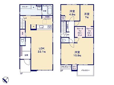 LDK22帖超！自然と家族のコミュニケーションが増えるリビングイン階段♪
洗面室には洗濯物を畳んだり、アイロン掛けにも便利なカウンター付き♪ホスクリーン付きで室内干しも対応◎ 