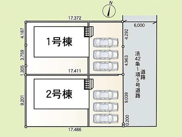 【全体区画図】前面道路は幅員6ｍでお車の駐車も楽々です。
車種により、カースペース３台分ございますので、家族分の自転車を駐輪したり、来客用の駐車スペースとしてもお使いいただけます♪