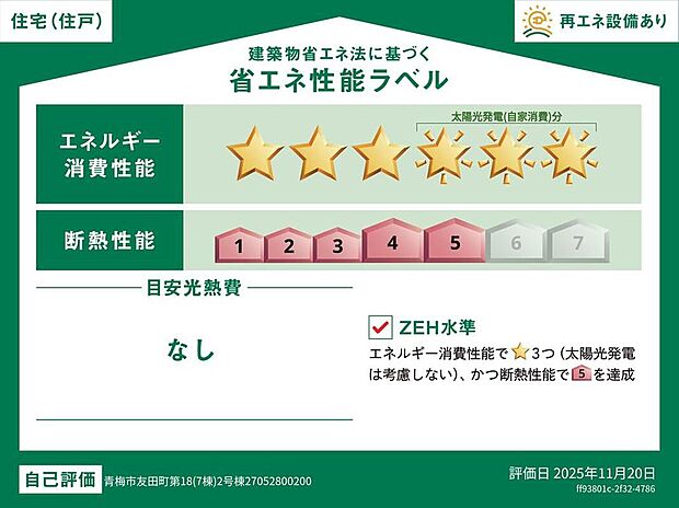 ZEH水準を満たした、省エネ性能に優れた物件です。　光熱費を抑えて暮らすことができるだけでなく、「熱の入りにくさ・逃げにくさ」という観点でも影響を受けにくい建物のため、長く快適にお過ごしいただけます♪