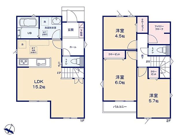 【3LDK】ご家族の会話が自然に生まれるリビング階段を採用しています♪
2階ホールには背の高い物や大きな物も収納できるファミリークロークを設置♪
オールフローリングでお手入れ・お掃除ラクラクです♪