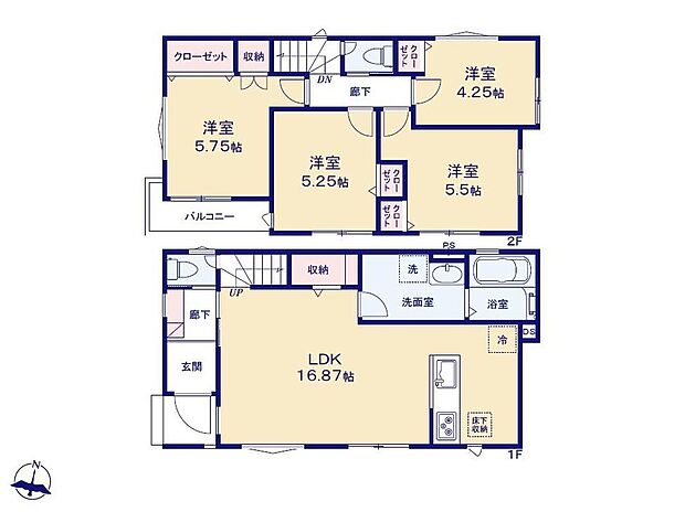 【4LDK】2階に居室をまとめてプライベートの時間も充実♪
主寝室にはクローゼットと収納付きで小物と衣類を
分けられて便利◎忙しい朝もスムーズな家事動線の
水回り集約設計を採用しています！