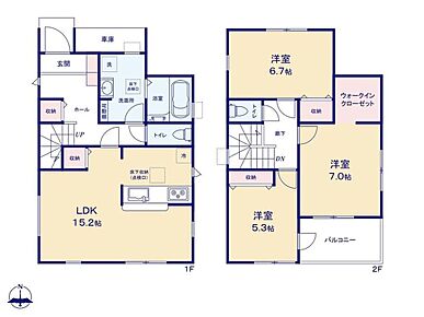 3面採光で光と風を取り込む、15.2帖の開放的なLDK♪主寝室はWIC付のゆったり7帖！お部屋が片付き大きなベッドも置けます♪オールフローリングでお手入れ・お掃除ラクラクです！ 