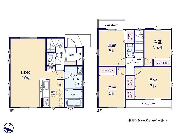 【4LDK】玄関すっきりSIC完備！3面採光のLDKは広々19帖♪水回り集中設計◎食洗機付き対面キッチン採用！食料品ストックに便利なパントリー付き♪2面バルコニーで日々のお洗濯はもちろん、ベランダ菜園にも☆