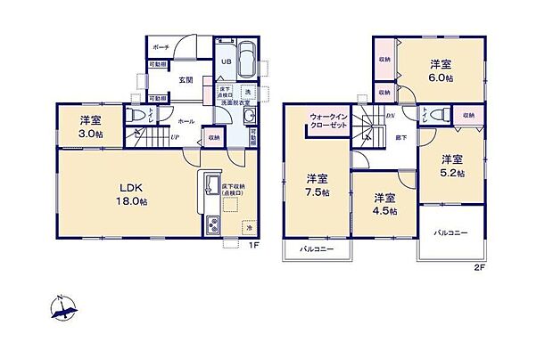 【5LDK】ひとり一部屋確保できるゆとりの5LDK！シューズクロークやWIC完備でお部屋スッキリ☆水回りが集中しているので、家事がしやすい間取りです♪