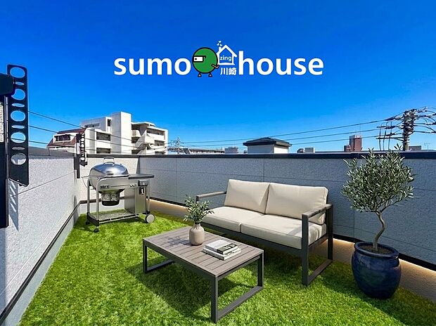 青空が広がる開放的なルーフバルコニー！ＢＢＱやリラックスタイムを楽しめる空間です。（本画像はCGで作成しており、実際に現地に家具・家電はおかれておりません。また価格に家具・家電は含まれておりません）
