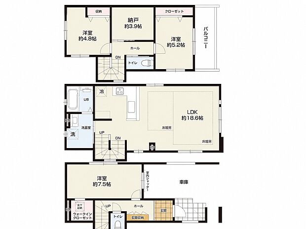 1号棟 3SLDK 6799万円 土地面積62.57m2(18.92坪) 建物面積114.45m2(34.62坪)