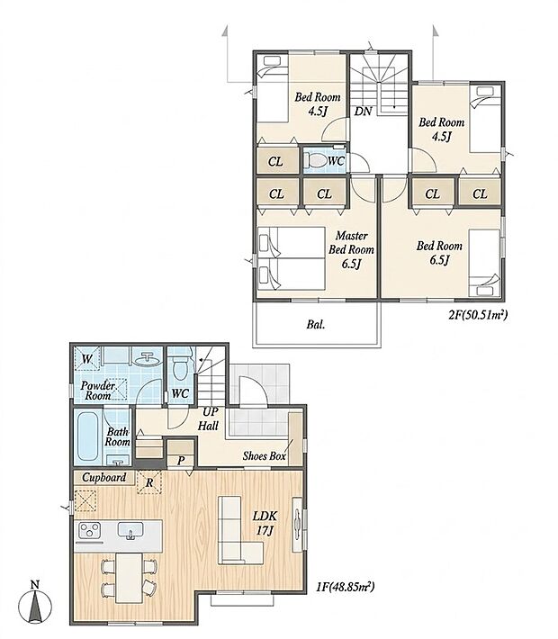 2号棟 4LDK 5248万円 土地面積155.02m2(46.89坪) 建物面積99.36m2(30.05坪)