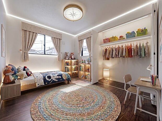 【居室5.2帖】大型クローゼット付きで部屋がすっきり片付く5.2帖洋室!明るい2面採光の子供部屋(本画像はCGで作成しており、実際に現地に家具・家電はおかれておりません。また価格に家具・家電は含まれておりません)