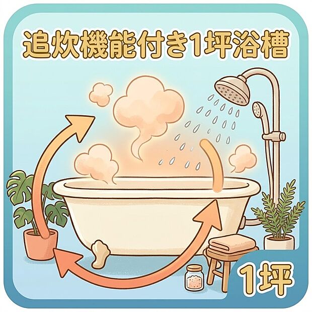 【浴室 】ゆったり1坪浴槽で一日の疲れをリセット。追い焚き機能など、快適な暮らしを支える機能が満載。