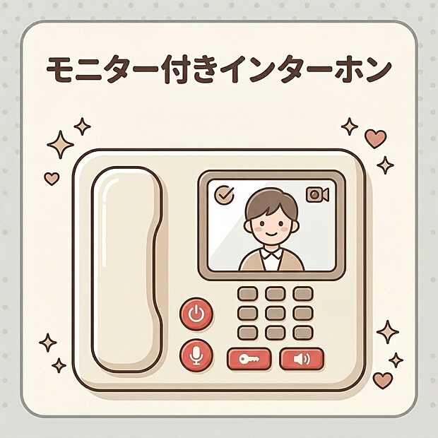【モニター付きインターホン】来客時の顔と姿を室内からしっかり確認できるモニター付きインターホン。不審な訪問者への対応や、お子様のお留守番時にも防犯面で安心です。ワンタッチで通話や終了ができるシンプルな操作性です。