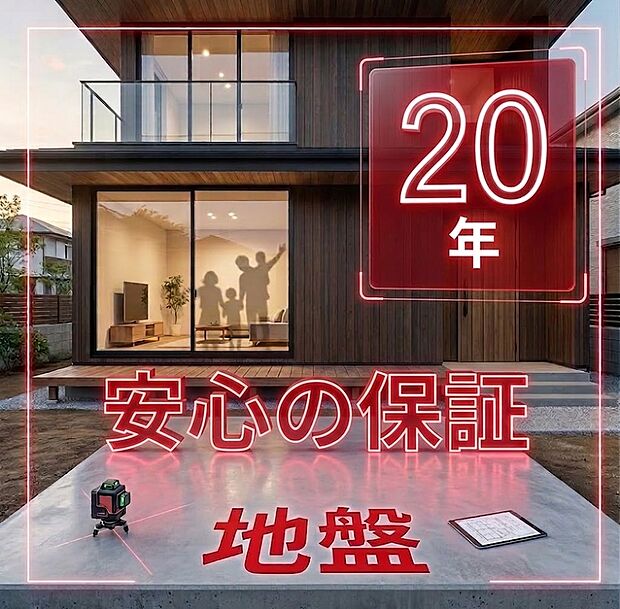 【地盤保証】地盤の不同沈下などによる、建物の傾きや被害にに対して20年間の長期保証あり。