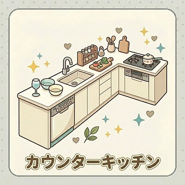 【カウンターキッチン】料理中も会話が弾む!家族の笑顔を見守りながら、開放感あふれる空間で楽しくクッキング。