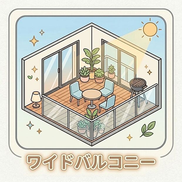 【ワイドバルコニー 】テーブルを置いてカフェ気分♪ ガーデニングやプール遊びも思いのまま楽しめる大空間。