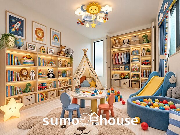 【リビング以外の居室】お子様の夢が広がるプレイルーム。たっぷり収納でお片付けも楽しくなるワクワク空間。（本画像はCGで作成しており、実際に現地に家具・家電はおかれておりません。また価格に家具・家電は含まれておりません）