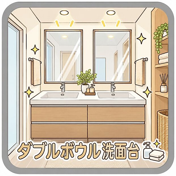 【ダブルボウル洗面台 】朝の混雑時も家族並んでスムーズに身支度ができるダブルボウルデザインの洗面台です。