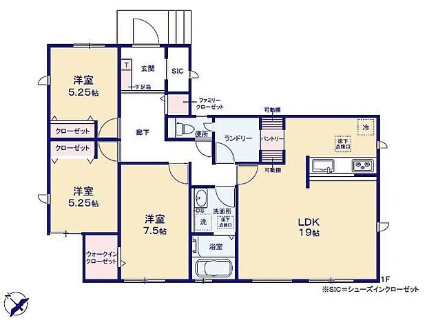 【3LDK】約６２．０４坪ある人気の平屋建て♪玄関から中が見えにくいクランクイン仕様♪対面式キッチン仕様の約１９帖リビング♪WICやSIC、ランドリールーム等がついて、各居室にも収納豊富♪