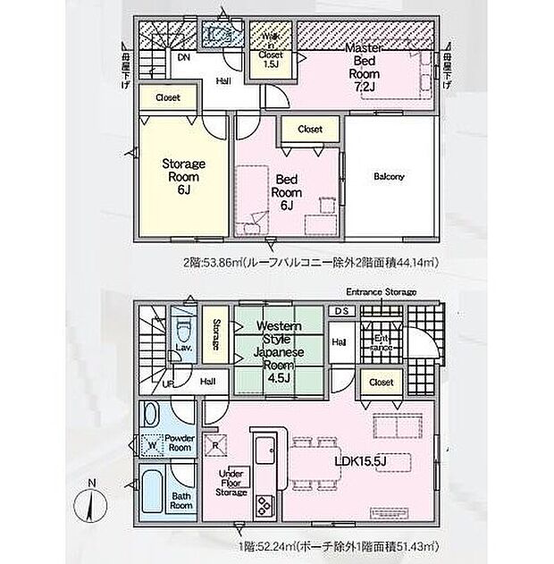 【4LDK】対面式キッチン仕様の約１５．５帖リビング♪
リビングに隣接したホッと落ち着く約４．５帖の洋風和室♪
WICがあり、各所・各居室に収納スペース完備♪
２部屋から出入りできる南側ルーフバルコニー♪