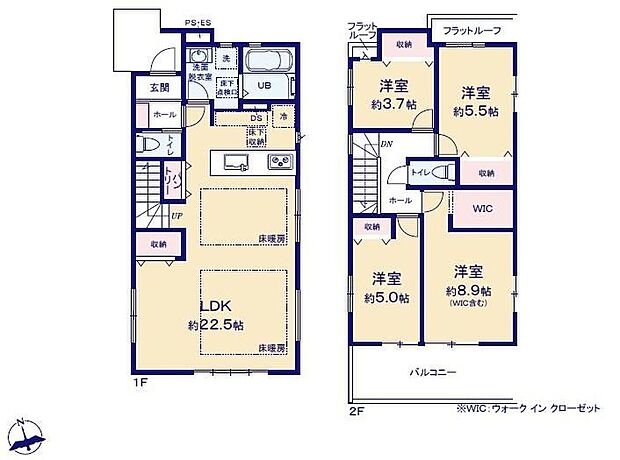 【4LDK】対面式キッチン仕様の約２２．５帖リビング♪居室４部屋あり、使用用途多数♪WICやパントリーがあり、各所・各居室に収納スペース充実♪陽当り良好な南側ワイドバルコニー♪