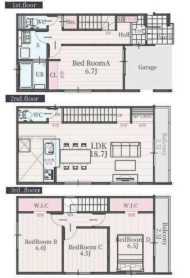 【4LDK】対面式キッチン仕様の約18.7帖リビング♪居室4部屋あり、お子様一人一人にお部屋が与えられます♪WICがあり、各所に収納スペース充実♪2階・3階の東側に日当たり良好な２面バルコニー♪