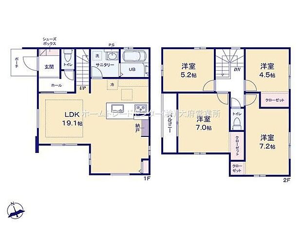 【4LDK】対面式キッチン仕様の約１９．１帖のリビング♪居室４部屋あり、お子様一人一人にお部屋が与えられます♪キッチンと水回りの近い間取り♪ゆとりある広さで、家族の洗濯物も十分に干せます♪
