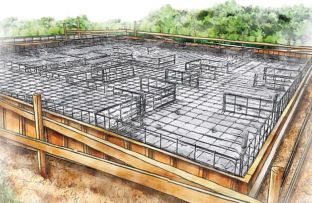 【ベタ基礎】ベタ基礎は、コンクリートで建物の下一面を支える工法。基礎鉄筋を張り強度を強めたベタ基礎の耐圧盤を1階の床下全面に施工し、広い耐圧盤の面で建物の荷重を地盤に伝えます。