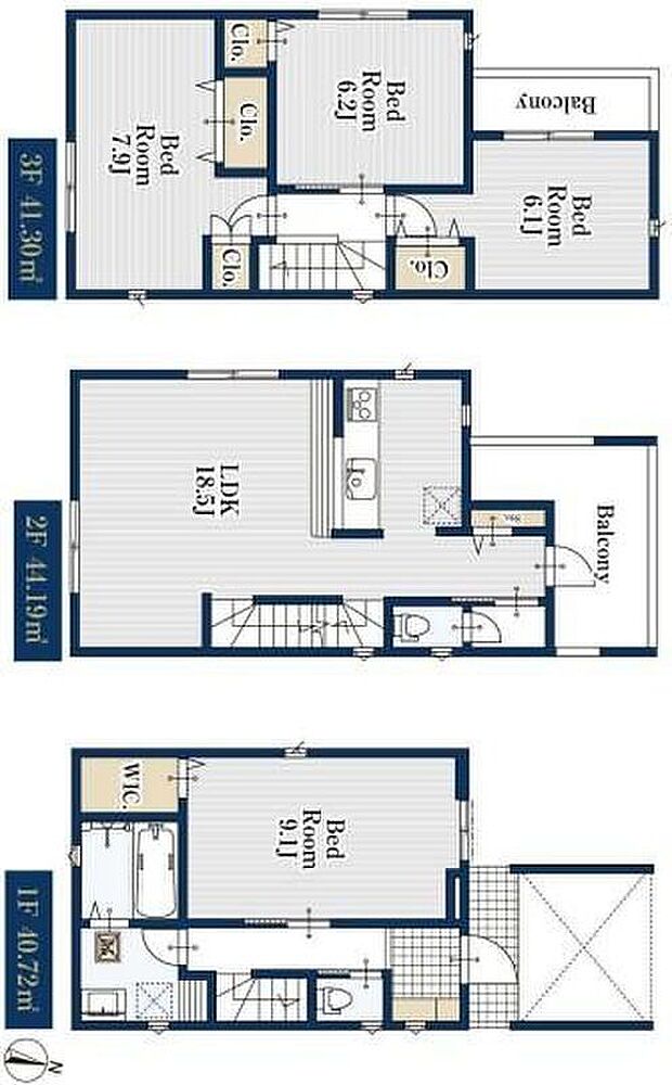 【4LDK】階数ごとに生活空間が分けられる３階建て住宅♪
プライバシーも守られる２階リビング♪
主寝室は約９．１帖の広々プライベート空間☆
３階全室６帖以上の広々プライベート空間☆