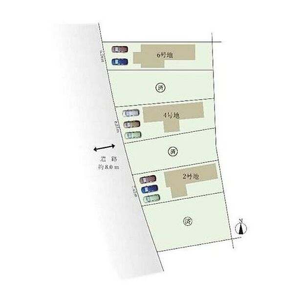 【全体区画図】１号棟　ご成約済み
２号棟　３，４９０万円
３号棟　ご成約済み
４号棟　３，７９０万円
５号棟　ご成約済み
６号棟　３，４９０万円