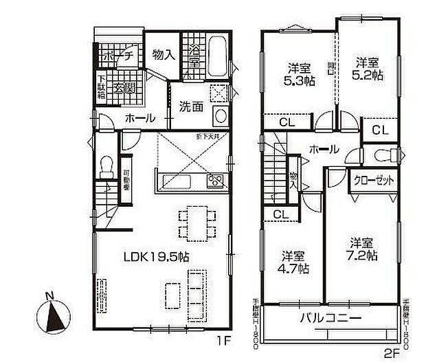 【4LDK】対面式キッチン仕様の広々約１９．５帖リビング♪約１０．５帖の居室を２部屋に分けられます♪各所・各居室にも収納スペース充実♪２部屋から出入りできる南側バルコニーは日当たり良好♪