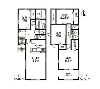 対面式キッチン仕様で南向き約１６帖リビング♪
居室４部屋あり、使用用途多数♪
WICがあり、各所・各居室にも収納充実♪
北西側と南側の２面バルコニー（南側インナー）♪ 